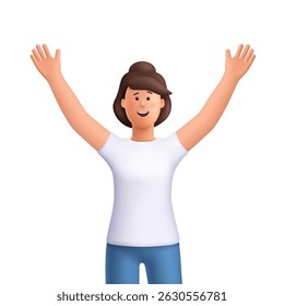 Jovem mulher sorridente Jane de pé com as mãos levantadas. Celebração, realização do objetivo, vitória e conceito de vitória. personagem de pessoas vetoriais 3d. Estilo mínimo de desenho animado.
