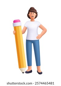 Young smiling woman Jane stands and holds big yellow pencil. Copywriting, creativity and education concept. 3d vector people character. Cartoon minimal style.