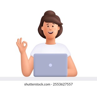 Young smiling woman Jane working on the laptop and showing ok gesture. 3d vector people character. Cartoon minimal style.