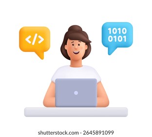 Young smiling woman Jane working on a laptop with coding and binary symbols in speech bubbles. Web development, programming and coding concept. 3d vector people character. Cartoon minimal style.