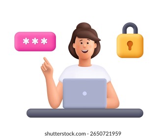 Young smiling woman Jane working on laptop with password and padlock. Security, login, online privacy, cybersecurity, data protection concept. 3d vector people character. Cartoon minimal style.