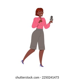 Young Smiling Woman Journalist with Microphone Taking Interview Vector Illustration