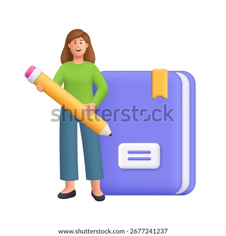 Young smiling woman Kate standing near huge book and holding pen. Education, study, knowledge , examination, homework  concept. 3d vector people character. Cartoon minimal style.