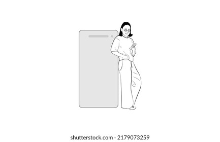Young smiling woman line  art character feeling happy and seeing her mobile signs with fingers, showing positive attitude and smiling vector illustration