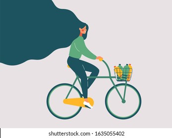 Young smiling woman with long hair riding bicycle with plastic bottles for recycling in front basket. Concept of Green lifestyle, environment preservation. Flat vector illustration.