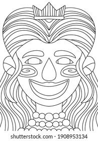 Young smiling woman with long hair, diadem and pearls necklace vector. Festival Mardi Gras queen black outline isolated on white. Fairy tale character symmetry coloring page for kids. One of a series