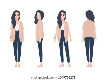 Young Smiling Woman With Loose Long Brunette Hair Dressed In Casual Clothing Isolated On White Background. Cute Girl Wearing Jeans And Cardigan. Front, Side, Back Views. Cartoon Vector Illustration