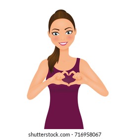 Young smiling woman make heart by the hands. In Love, relationship concept. Vector character.