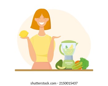 Young smiling woman makes smoothies with fresh fruits and herbs in a blender. Healthy food and lifestyle concept. Vector flat illustration in cartoon style isolated on white background