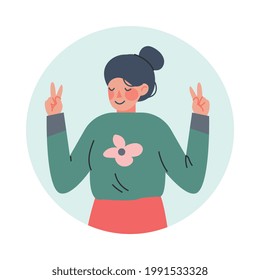 Young Smiling Woman Making Positive Hand Gesture in Circular Frame Vector Illustration