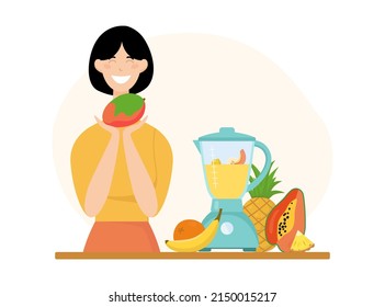 A young smiling woman is making a smoothie or cocktail from different fruits in a blender and holding a mango in her hand. Healthy food concept. Vector flat illustration in cartoon style