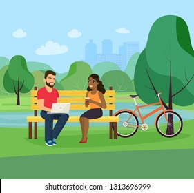 Young smiling woman and man with notebook sitting in park. Vector flat style illustration.