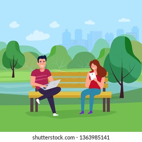 Young smiling woman and man with notebook and tablet sitting in park. Vector flat style illustration.