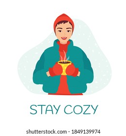 Young smiling woman in modern clothes holds a mug with a hot drink in her hand. Snowflakes on  background. Сoncept of a cozy winter, cute postcard, banner, poster. Isolated vector illustration