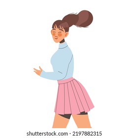 Young Smiling Woman Outstretching Her Arms Showing Positive Hand Gesture Vector Illustration