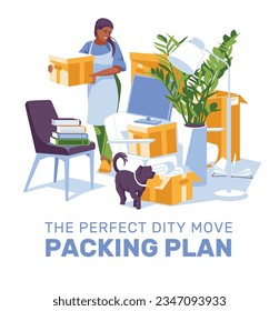 Young smiling woman packing things for moving home. Dog, monitor, plant, lamp, chair, books, sofa. Vector flat illustration