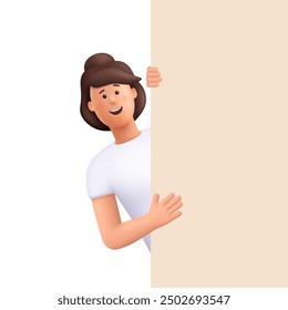 Mujer sonriente joven que mira hacia fuera o que mira de la pared o del Anuncio. Personaje de personas de Vector 3D. Estilo minimalista de dibujos animados.