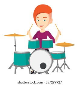 Young smiling woman playing on drums. Caucasian mucisian playing on drums. Happy female drummer sitting behind the drum kit. Vector flat design illustration isolated on white background.