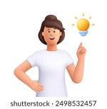 Young smiling woman pointing finger up to light bulb. Creativity innovation, creative thinking and idea concept. 3d vector people character illustration. Cartoon minimal style.