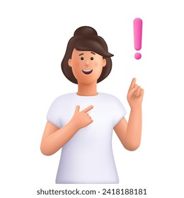 Young smiling woman pointing finger up to exclamation point. Idea, warning or attention concept. 3d vector people character illustration. Cartoon minimal style.