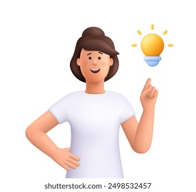 Young smiling woman pointing finger up to light bulb. Creativity innovation, creative thinking and idea concept. 3d vector people character illustration. Cartoon minimal style.