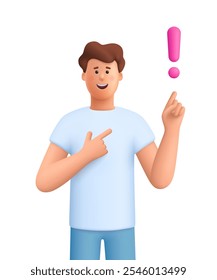 Young smiling woman pointing finger up to exclamation point. Idea, warning or attention concept. 3d vector people character illustration. Cartoon minimal style.