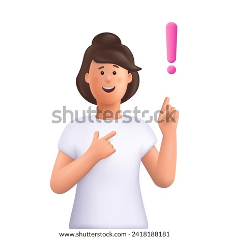 Young smiling woman pointing finger up to exclamation point. Idea, warning or attention concept. 3d vector people character illustration. Cartoon minimal style.