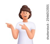 Young smiling woman pointing fingers aside. Sale, offer, discount concept. 3d vector people character. Cartoon minimal style.