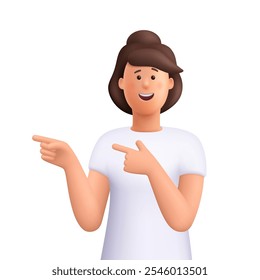 Mujer sonriente joven que apunta los dedos a un lado. Venta, oferta, concepto de descuento. Personaje de personas de Vector 3D. Estilo minimalista de dibujos animados.