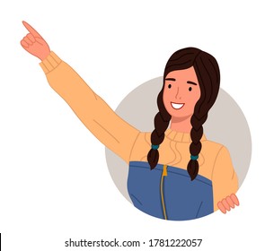 Young smiling woman pointing somewhere on a white background. Happy curious looking female character stretched out her hand and finger points to something interesting, makes a gesture paying attention