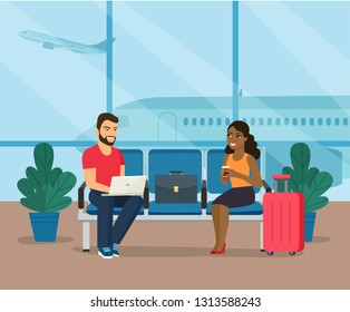  Young smiling woman with red suitcase and man with notebook sitting in airport hall. Vector flat style illustration.