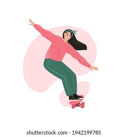 Young Smiling Woman Riding On Skate Board Vector Flat Cartoon Illustration. Girl Skateboarding And Doing Tricks On Longboard. Active Lifestyle, Extreme Sport Concept.