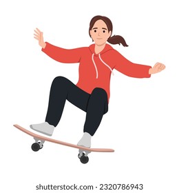 Young smiling woman riding on skate board vector flat cartoon illustration. Flat vector illustration isolated on white background