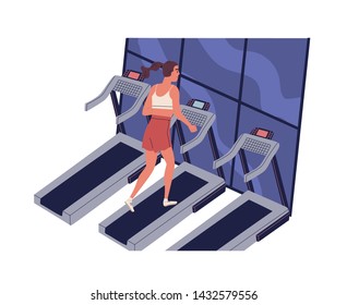 Young smiling woman running on treadmill at fitness center. Cute funny girl at daily morning jogging workout. Physical activity and everyday training. Flat cartoon colorful vector illustration.