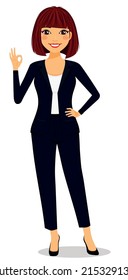 Young smiling woman showing ok gesture. Character. Emotions of a young woman. Flat style. Cartoon