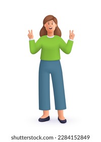 Young smiling woman showing peace victory sign. 3d vector people character illustration. Cartoon minimal style.