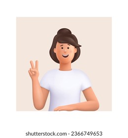 Young smiling woman showing peace victory sign. 3d vector people character illustration. Cartoon minimal style.