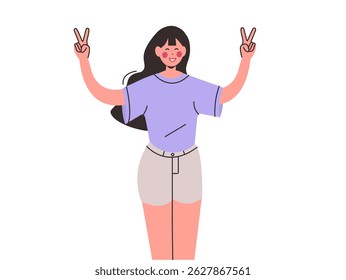 Young smiling woman showing peace sign, victory fingers. Happy smiling young female character portrait with friendly hand gesture. Vector illustration