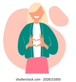 Young smiling woman shows a heart with her hands. Flat vector illustration isolated on white background