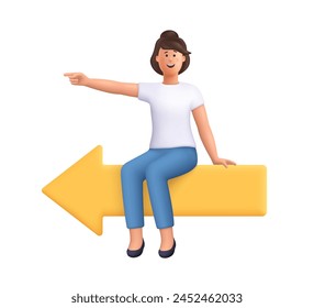 Young smiling woman sit on the big arrow signboard and shows direction. Business decision, work direction and leadership concept. 3d vector people character illustration. Cartoon minimal style.