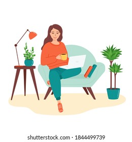 A young smiling woman is sitting in armchair with a laptop. Concept of remote work from home, freelance, distance education, e-learning, online shopping. Isolated vector illustration