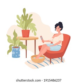 Young smiling woman sitting in comfortable armchair and make pedicure at home by herself vector flat illustration. Home spa, beauty care concept. Personal care, hygienic procedure.