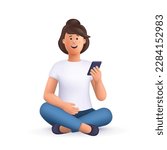 Young smiling woman sitting cross legged and holding smartphone. 
3d vector people character illustration. Cartoon minimal style.