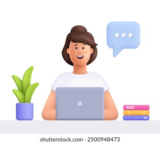 Mujer sonriente joven que se sienta en un escritorio y que trabaja en una computadora. Negocios, trabajo remoto, freelance, educación y concepto de redes sociales. Ilustración de personajes de personas de Vector 3D. Estilo minimalista de dibujos animados.