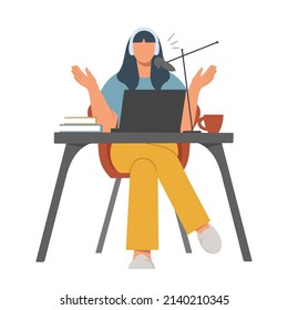 Young smiling woman sitting with headphones, microphone and laptop at the desk and recording audio podcast. Concept of radio broadcasting. Flat vector illustration.