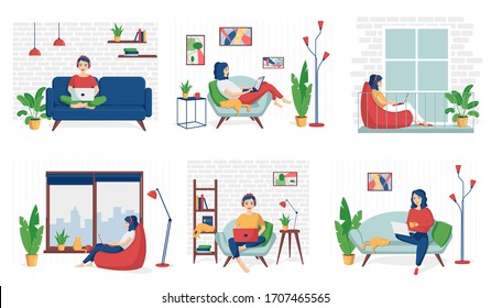 A young smiling woman is sitting with a laptop. Concept of remote work from home, freelance, distance education, e-learning. Set of cute vector illustrations in flat cartoon style