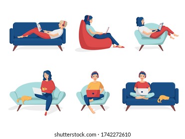 A young smiling woman is sitting with a laptop. Concept of remote work from home, freelance distance education, e-learning. Set of cute vector illustrations in flat cartoon style