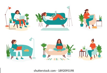 Young smiling woman is sitting with a laptop at sofa and armchair. Concept of remote work from home, freelance, distance education, e-learning. Set of isolated vector illustrations  in cartoon style