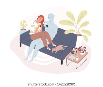 Young smiling woman sitting on comfy sofa with her virtual romantic partner, holding smartphone and sending love message. Concept of long-distance relationship. Flat cartoon vector illustration.