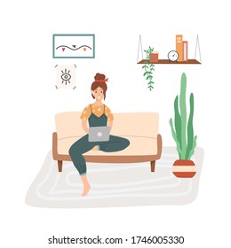 Young smiling woman sitting on a couch with laptop. Freelancer woman character working remotely in comfortable conditions.
Work online from home, convenient workplace. Self employed vector concept.